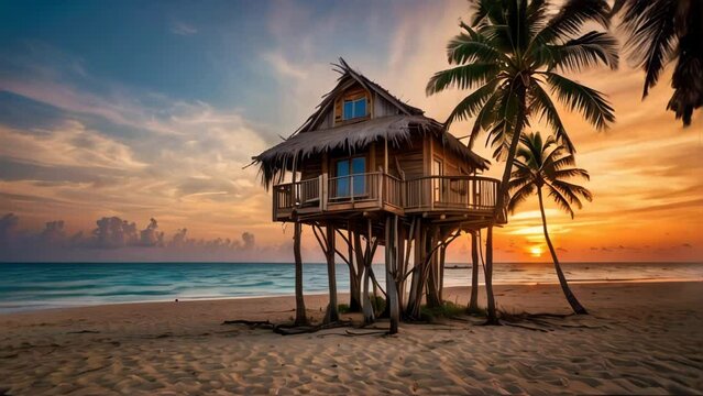 Beach hut nestled among palm trees at sunset. Generative AI Video. 