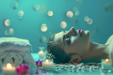 A woman relaxes in an azure bath surrounded by candles and towels