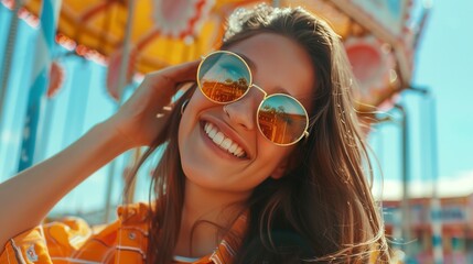 Cheerful young woman trying on new sunglasses in an amusement park