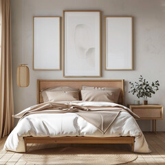 Fototapeta na wymiar Modern bedroom mockup featuring elegant frames and a stylish wooden bed, captured in full Ultra HD clarity. --v 6.0 - Image #2 @Kashif
