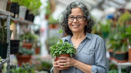 Latino woman holding a plant at a plant shop