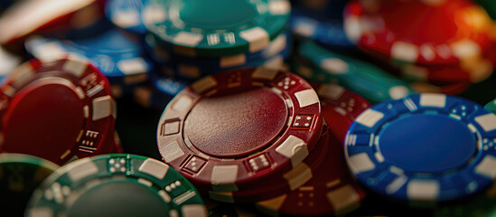 Fototapeta na wymiar Close-up poker chips at a casino table, copy space. Creative background for casino, colored coins in a stack.