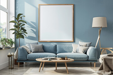 Modern furniture accents blue living room, wooden decor details, poster frame mock-up in stylish Scandinavian interior -