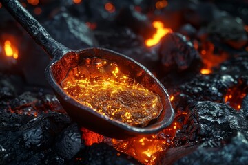 metallic melting ladle with glowing molten steel industrial foundry concept 3d illustration