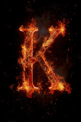 Fire font alphabet K made of burning fire letter on black background