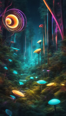 Captivating magical forest illuminated by neon mushrooms and glowing spirals, creating an atmosphere of fantasy and magic.