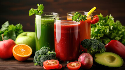 assortment of fresh vegetable juices with ingredients on a rustic table
