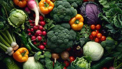 lush assortment of garden vegetables for healthy cooking on dark background