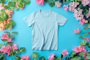 blank pastel blue t-shirt mockup with floral decorations on turquoise background, top view 