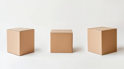 3 cardboard boxes, white background, studio shot