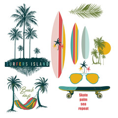 Collection of vector elements palm trees, skateboard,sunglasses and surfboards - obrazy, fototapety, plakaty