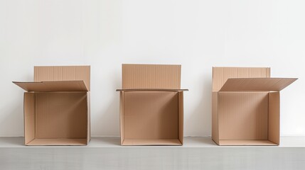 3 cardboard boxes, white background, studio shot
