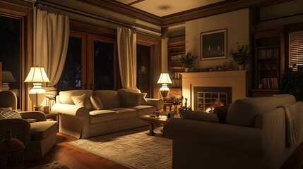Warmly lit living room at night exudes cozy ambiance. Soft illumination envelops furnishings, inviting relaxation and intimacy. 🌙✨