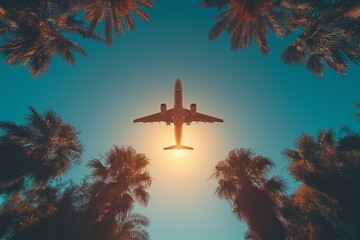 Airplane flying above palm trees in clear sunset sky