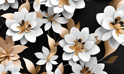 wallpaper representing white and gold flowers, magnificent and very decorative. black background