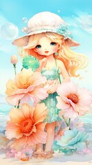 Obraz na płótnie Canvas Illustration of a girl with large eyes, blonde hair and hat, wearing turquoise dress, surrounded by oversized soft pink flowers and bubbles. Fantasy and summer concept