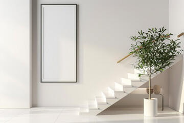 Modern Scandinavian interior mockup featuring a sleek staircase, pristine white walls, and a vertical blank frame for customizable artwork