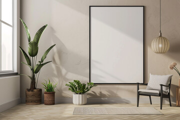 Modern Scandinavian Interior with Blank Vertical Poster Frame Mockup on Beige Floor