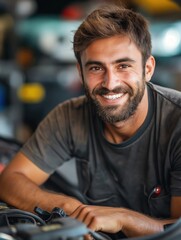 Handsome young man working in auto repair shop and smiling.