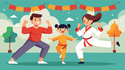 A family of three performing a martial arts demonstration at a local festival their synchronized kicks and punches showcasing their strong