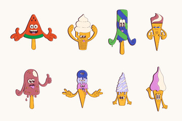 Retro Cartoon Ice Cream Collection. Set of groovy Ice Cream mascot characters with cute smilling faces and hands. Sweet food vector illustration.