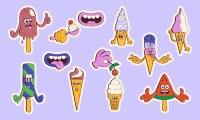 Set of Retro Cartoon Ice Cream Stickers. Groovy Ice Cream dessert mascot character collection with funny faces. Food vector illustration.