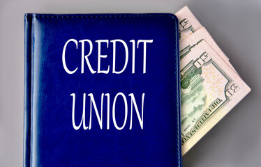 CREDIT UNION - words on a blue book on a gray background with banknotes