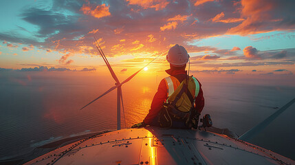 portrait of a engineer onshore wind farm at sunset