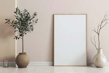 Serene Scandinavian Ambiance with Vertical Poster Frame Mockup on Neutral Floor