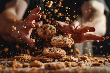 A dynamic and lively image capturing a high-speed moment where cookies are being smashed, sending crumbs flying everywhere