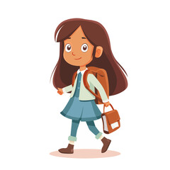 A girl is walking with a backpack and a book