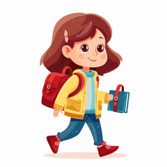 A girl is walking with a backpack and a book