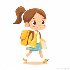 A girl is walking with a yellow backpack and a blue skirt