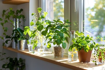 Assorted potted plants on a sunlit window sill including basil and mint in an indoor gardening concept