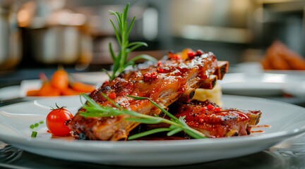 a delicious plate of pork spare ribs in a kitchen or restaurant