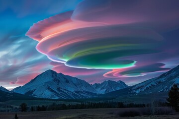 A breathtaking display of rare lenticular clouds, glowing with vibrant colors during sunset, set against the majestic snow-covered mountains