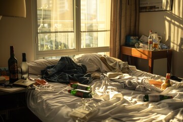 Sunlight streams into a hotel room littered with clothes, empty bottles, and personal effects, telling a story of revelry