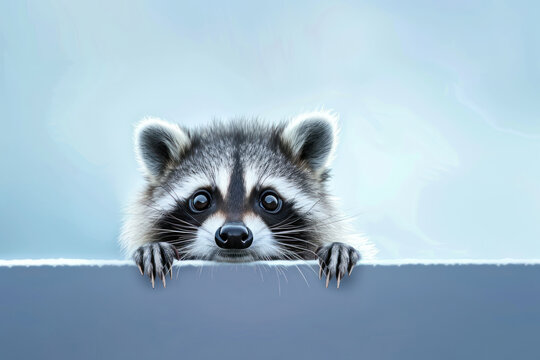 curious raccoon peeking over edge with bright eyes on blue background