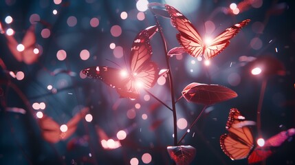 3d illustration of abstract background with neon lights and butterfly. Glowing butterfly