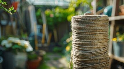 Close-up of a spool of twine in a garden shed, with soft focus gardening tools in the background