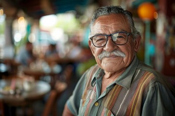 Fototapeta premium A senior man is captured from behind, displaying the casual dining atmosphere with blurred background diners
