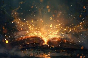 open book with magical glow and sparkles flying out of pages fascinating storytelling concept digital painting