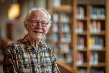 A smiling aged man in a library setting exudes a passion for reading and an engaging personality