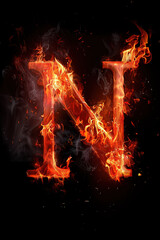 Fire font alphabet N made of burning fire letter on black background
