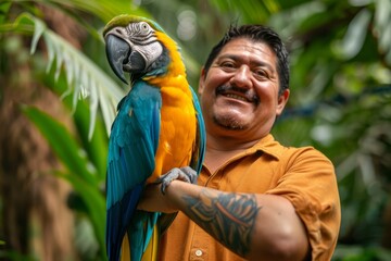 Cheerful man with a tattoo embraces a bright blue and yellow parrot in a lush green environment