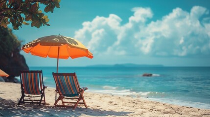 Two chairs and an umbrella beach scene