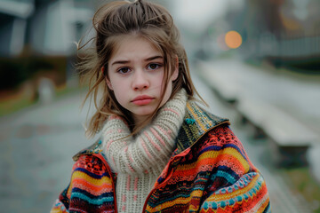 A young teenager in a colorful sweater and jacket. She brown hair is loosely put up and she is standing outdoors on a sidewalk. Forlorn expression