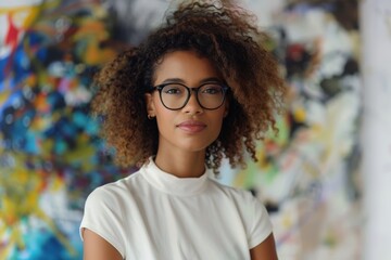 A stylish young woman in a white turtleneck and glasses stands confidently in front of abstract...