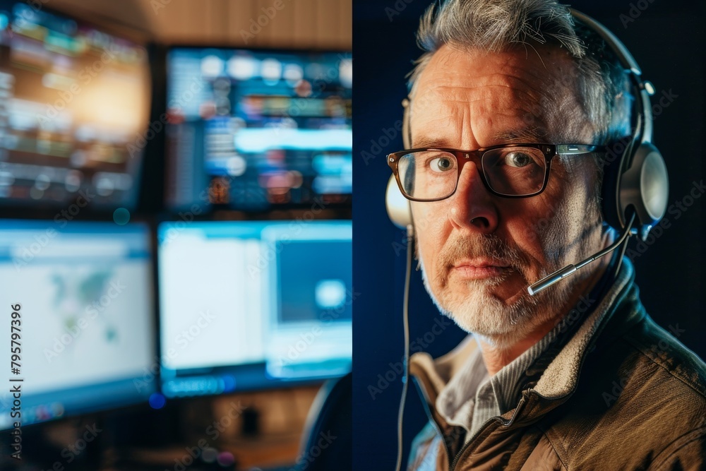 Fototapete an intense workspace with a trader focused on multiple glowing financial charts and graphs