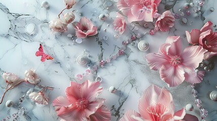 Beautiful pink flowers and pearlsle background, flat lay